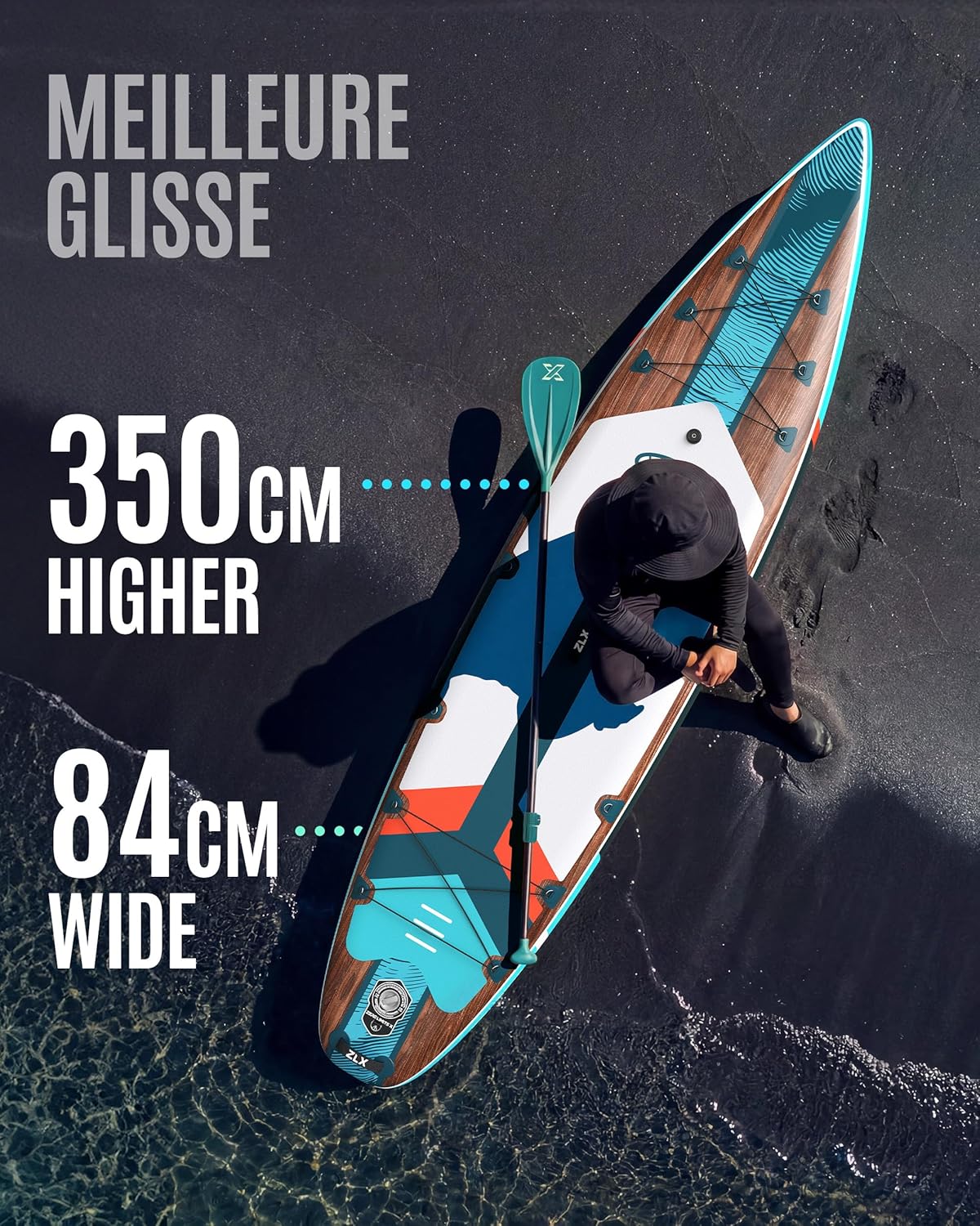 ZLX - Planche Touring - 350cm - Paddle gonflable, siège kayak, 180kg, longue distance