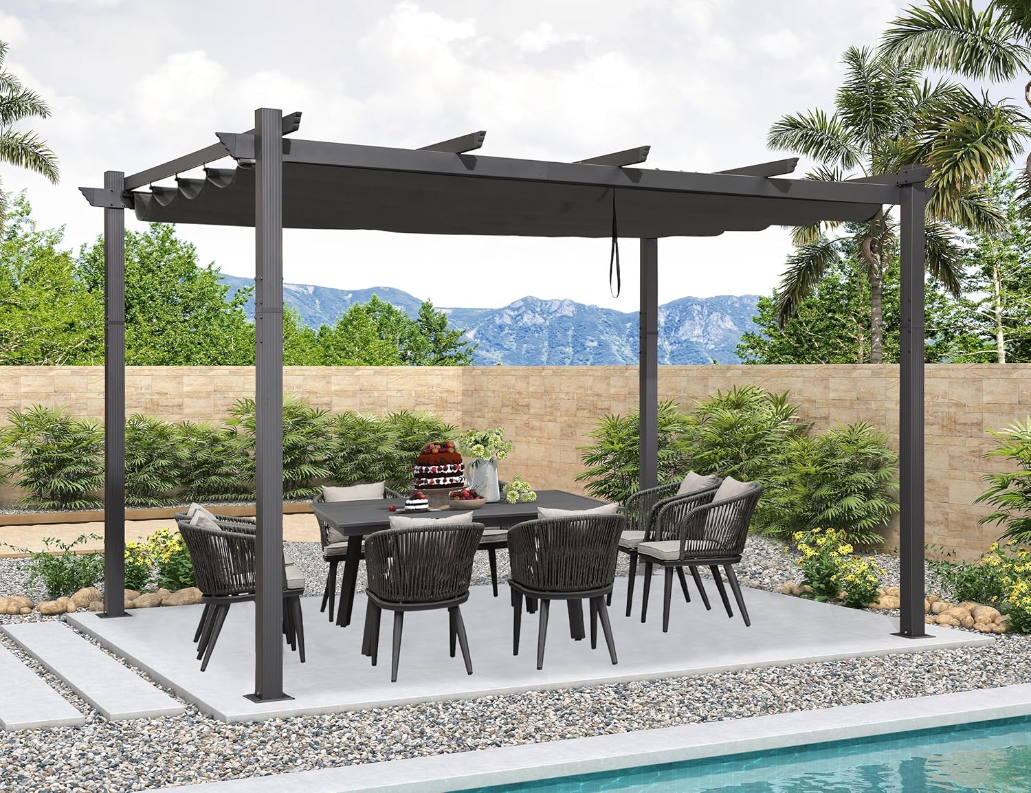 etezen - pergola aluminium - 4x3m - toit coulissant, tissu teint