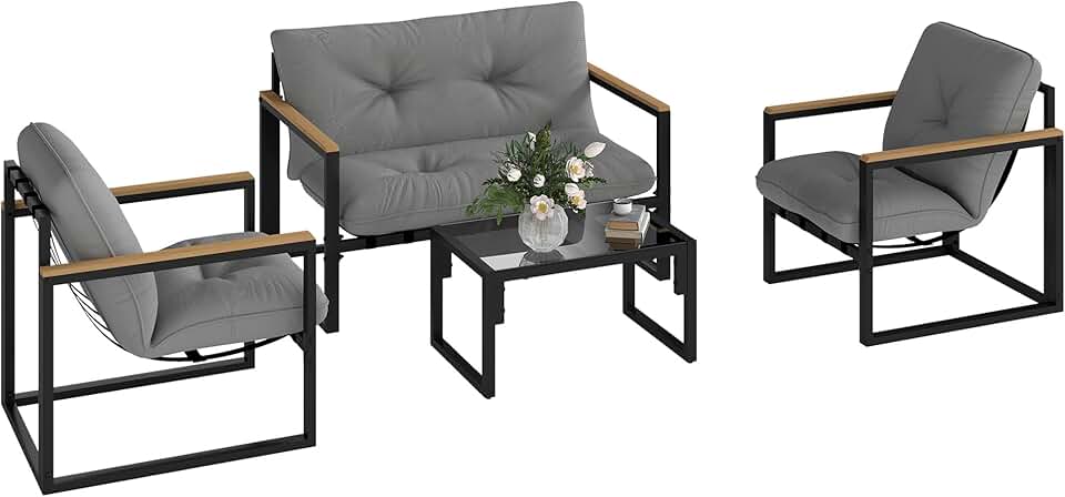 etezen - Salon de jardin 4 places - canapé, 2 fauteuils, table en verre, coussins inclus, gris