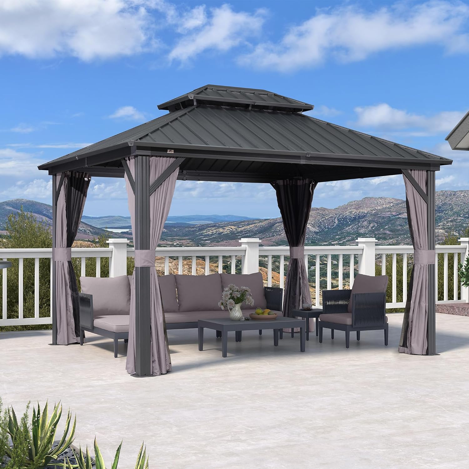 etezen - Pergola aluminium double toit 3,65x3m rideaux moustiquaire