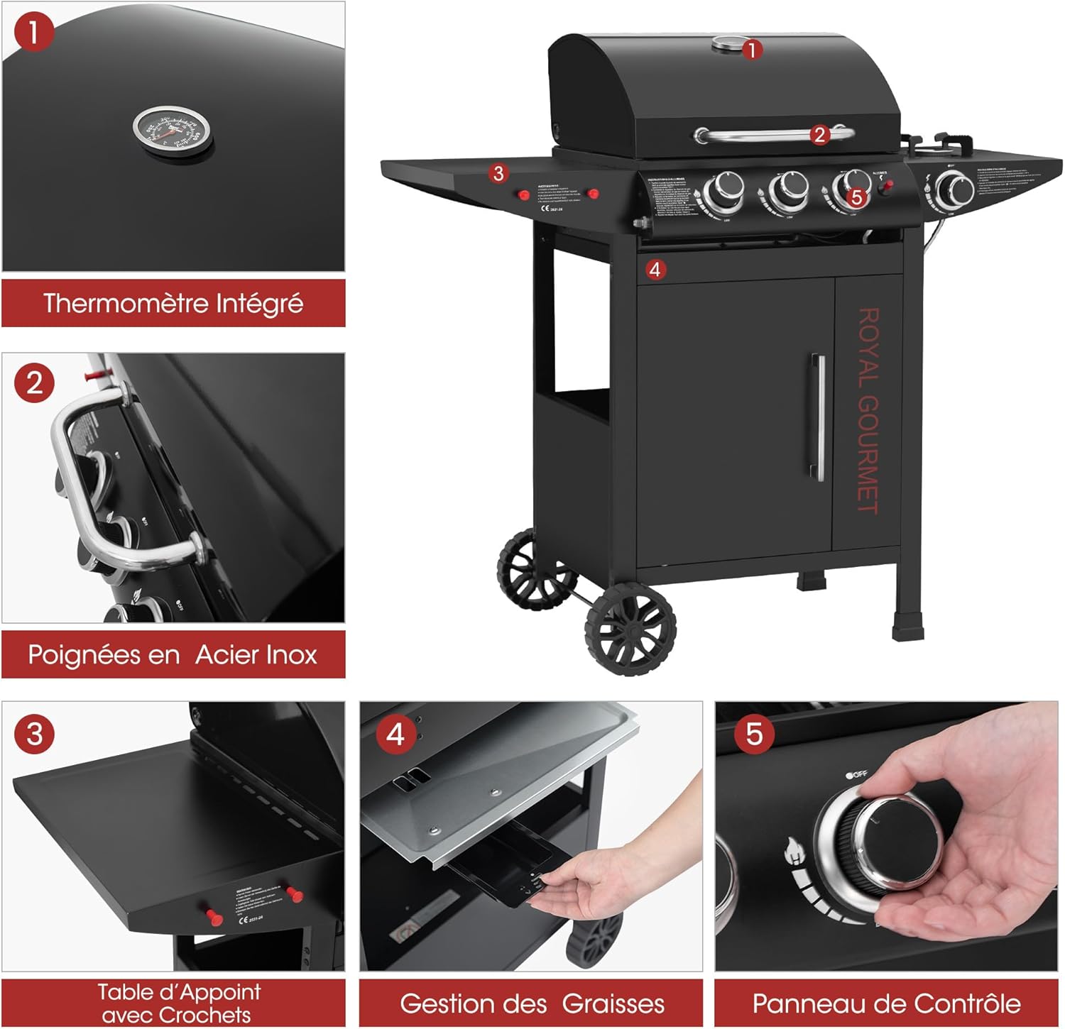 etezen - barbecue gaz 3+1 brûleurs inox - 11,5 kW - chariot, 2 roues, thermomètre