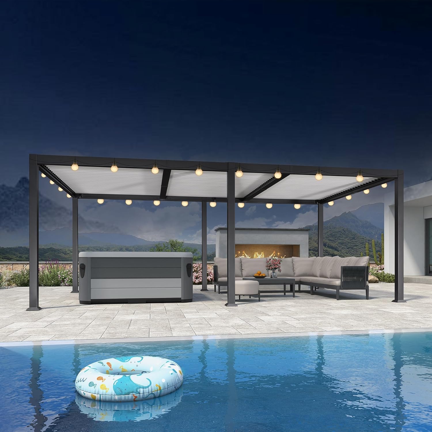 etezen - Pergola Bioclimatique - 6,35x3,5m - Aluminium, éclairage, lames orientables, poteaux blancs