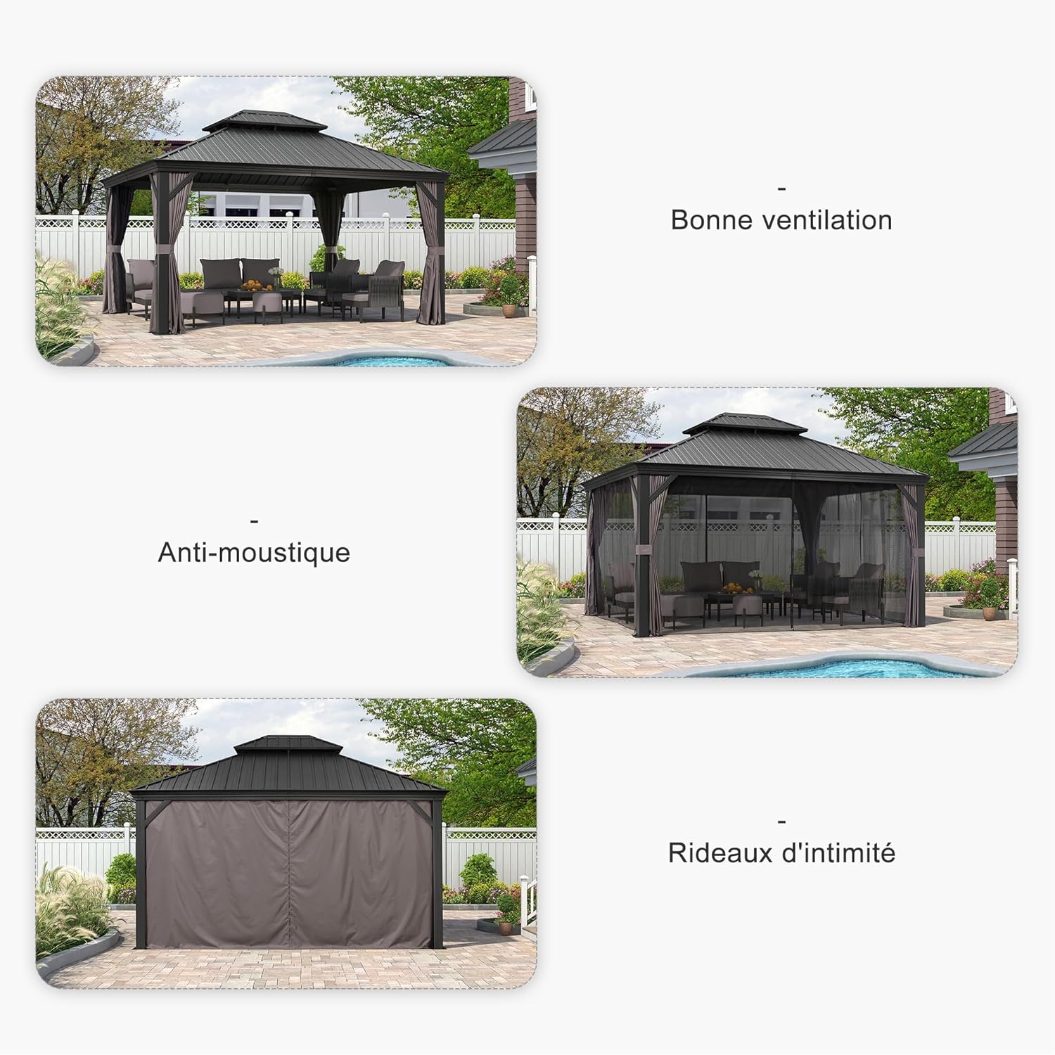 etezen - tonnelle aluminium - 4,25x3,65m - éclairage intégré, rideaux moustiquaires, gouttière, poteaux renforcés