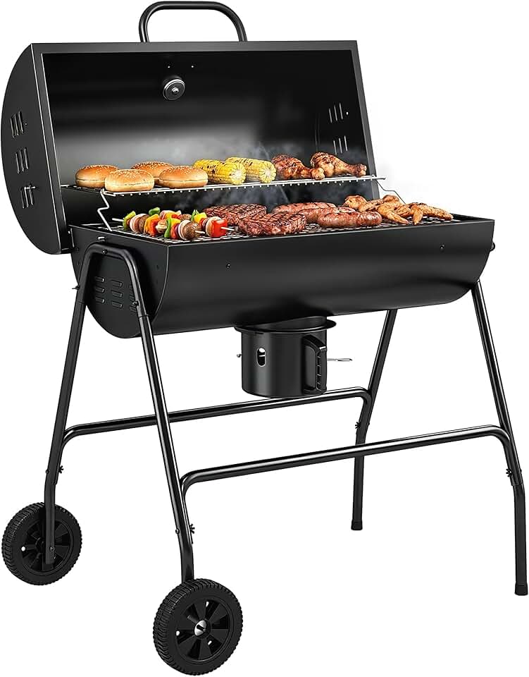 etezen - barbecue charbon de bois, 95x71,5x102cm, couvercle, thermomètre, roues