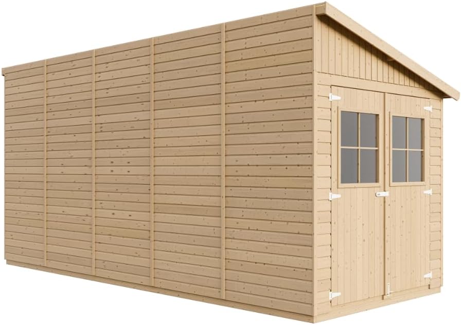 Abri de Jardin en Bois Naturel (avec paroi latérale) Plus Les PLANCHERS IMPRÉGNÉ- Stockage extérieur avec fenêtres- H244x218x514 cm/10 m2- Atelier Rangement Outils et vélos- etezen M341A+M341G