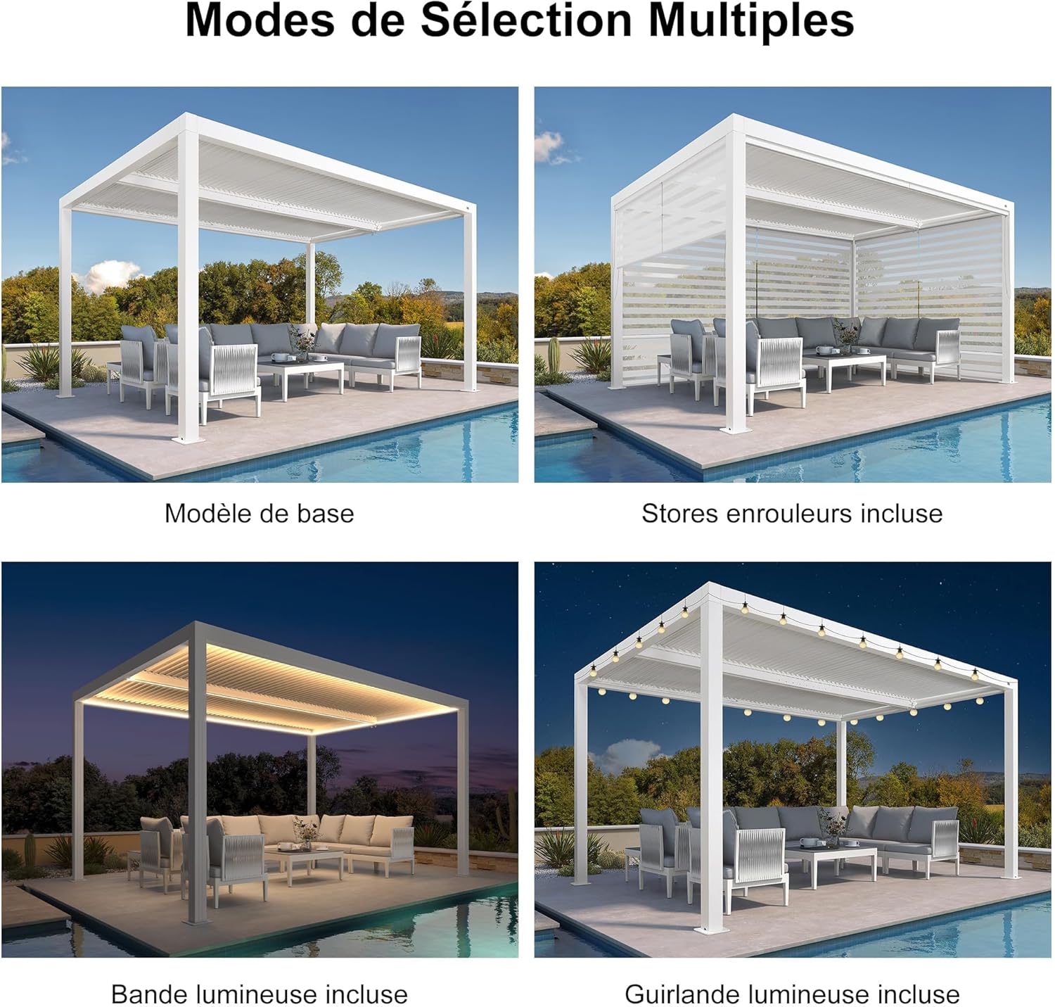 etezen - pergola bioclimatique - 4,24x3m - aluminium, stores enrouleurs, lames orientables