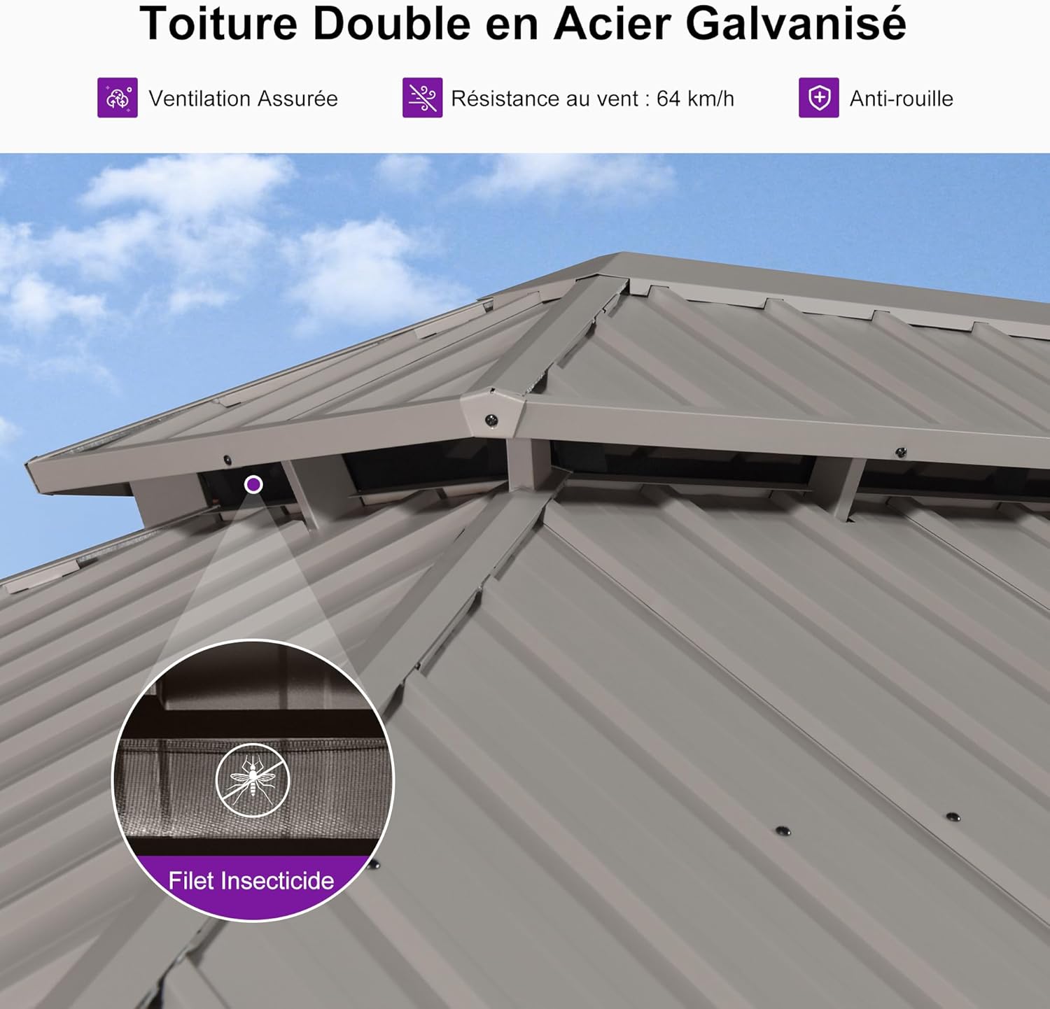 etezen - pergola aluminium - 3,65x3m - double toit, moustiquaire, rideaux