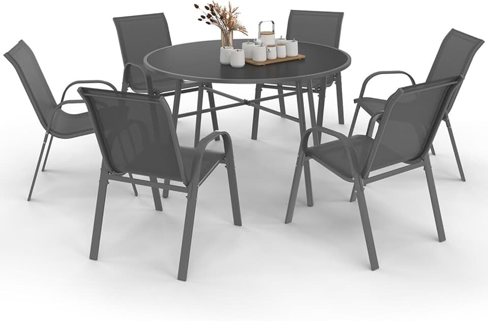 etezen - Salon Madrid - table ronde 120cm, 6 chaises empilables, gris anthracite