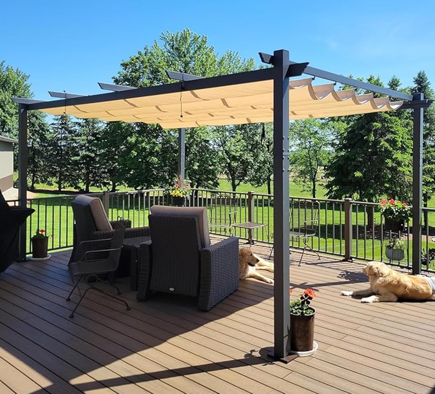etezen - Pergola aluminium série - 4,8x3,5m - toit coulissant, tissu teint fil, kaki