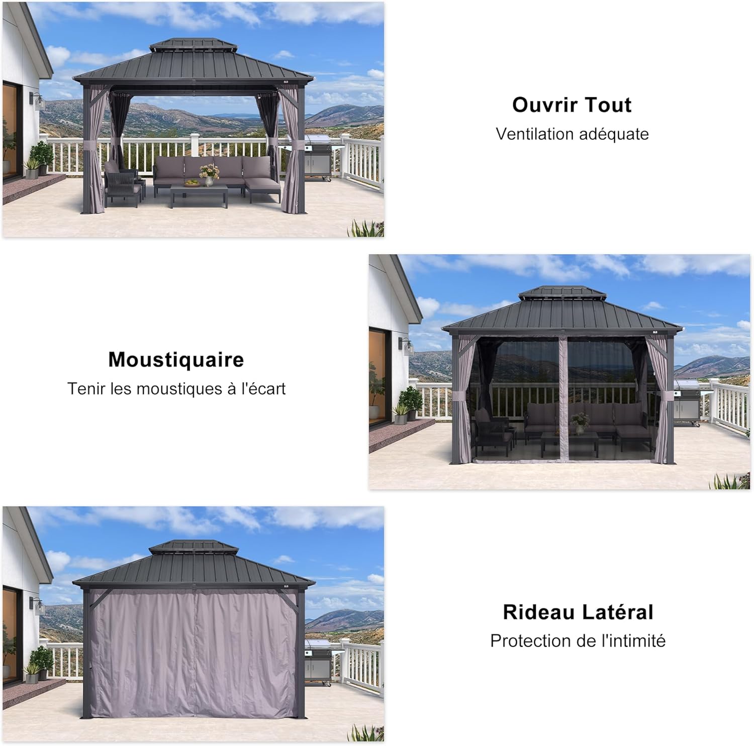 etezen - Pergola aluminium double toit 3,65x3m rideaux moustiquaire