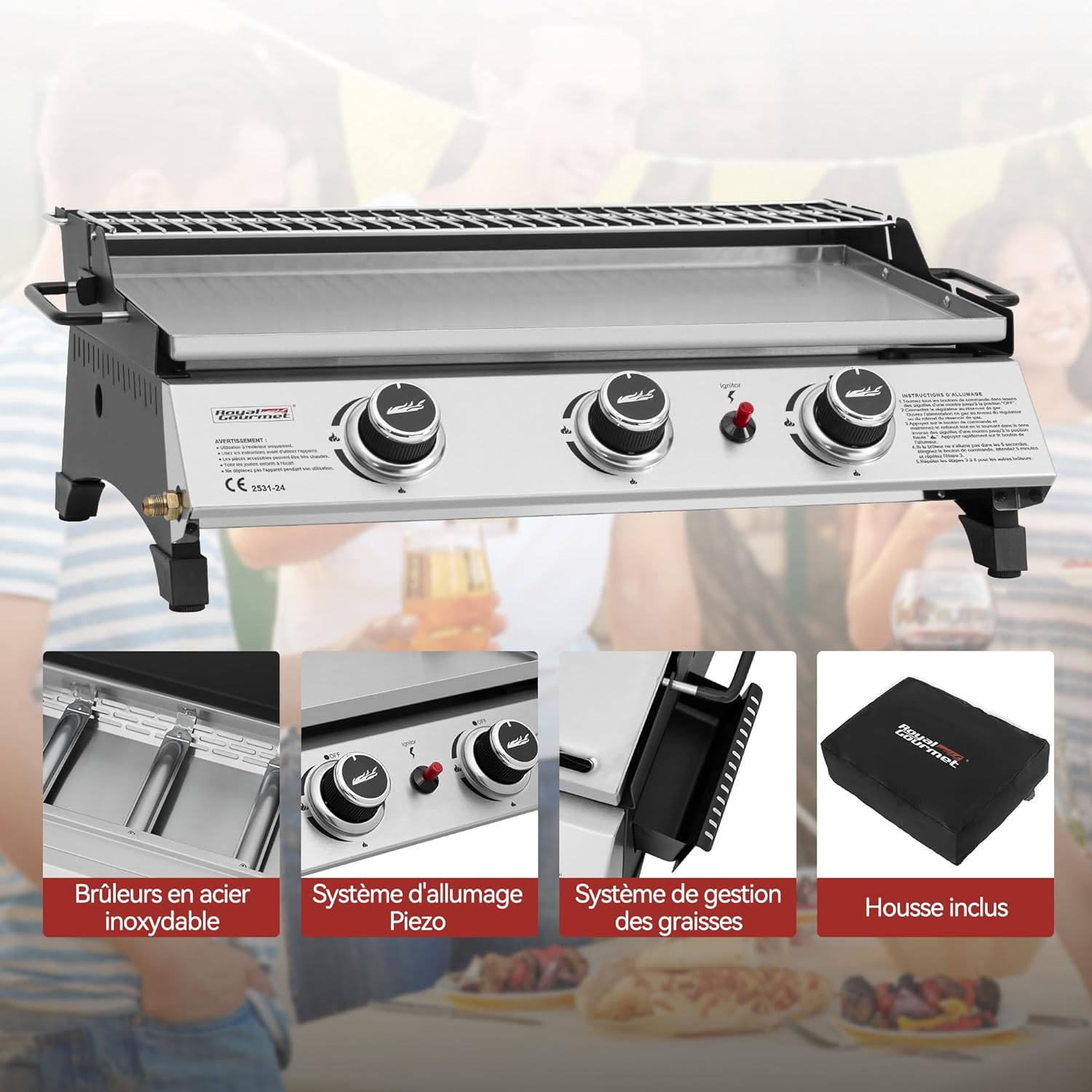 etezen - Plancha gaz inox 3 brûleurs 61,5x32cm, 7,5kW, usage extérieur