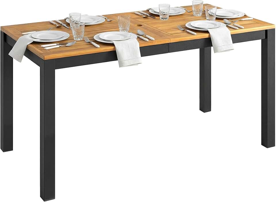 etezen - Table de jardin rectangulaire 150x75x75 cm - bois acacia, 6 places, trou parasol, 80 kg
