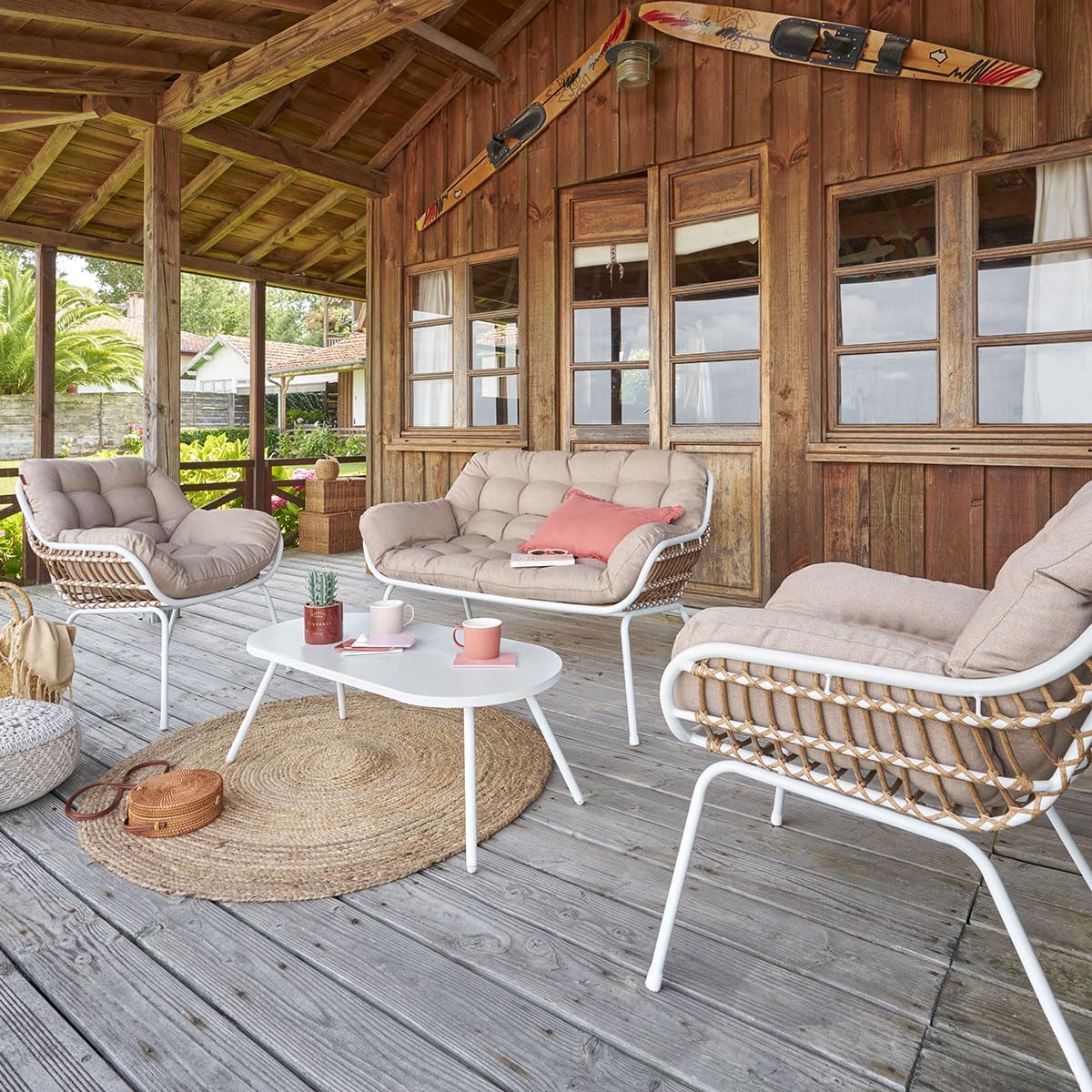 etezen - Paopao Salon de Jardin - 4 places - acier epoxy, pieds ajustables - Blanc et Beige
