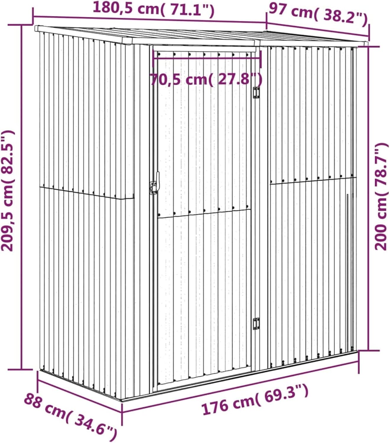 Abri de jardin extérieur en acier galvanisé gris 180,5 x 97 x 209,5 cm