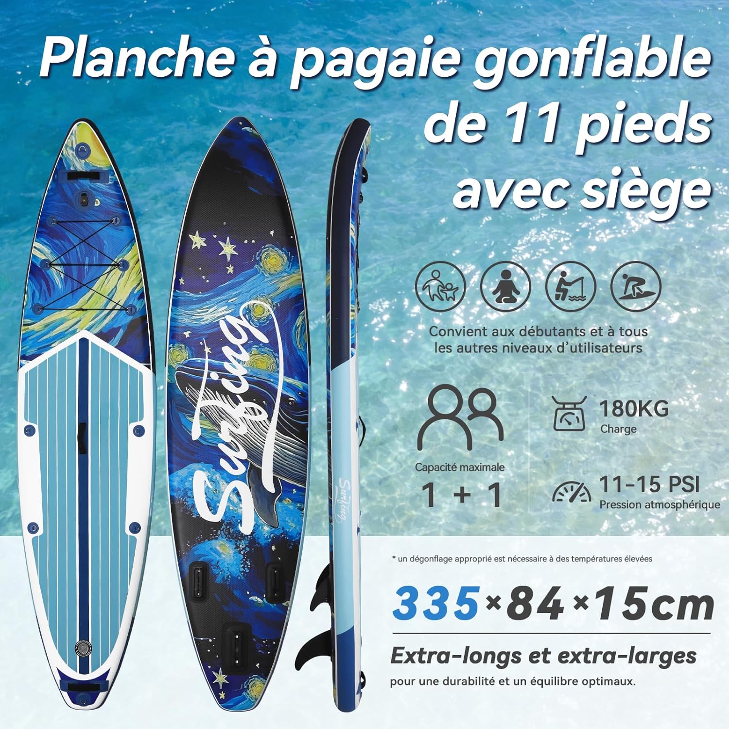 etezen - Paddle gonflable adulte 320/335cm - 2 personnes, siège kayak, pagaie, support caméra, 150kg
