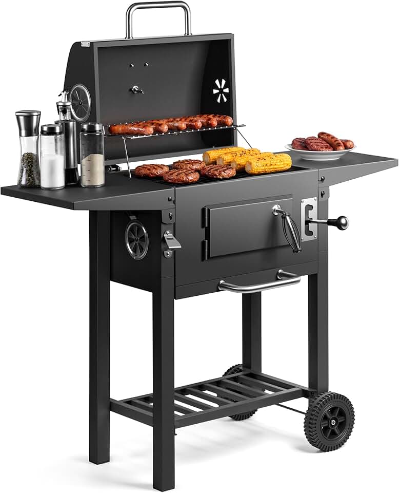 etezen - Barbecue charbon portable - hauteur réglable, grilles, roulettes, tables latérales, étagère - 78x40x90 cm