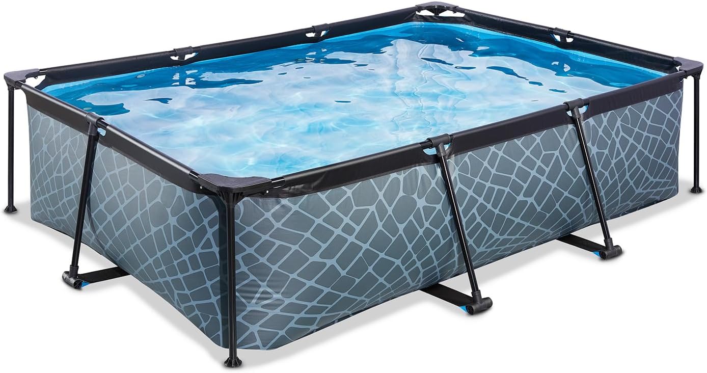 etezen Piscine Tubulaire Stone - 220x150x65cm - Piscine Hors Sol Rectangulaire avec Pompe Filtrante à Cartouche - Entrée Basse - Idéal pour Les Jeunes Enfants - Cadre Stable - Design Unique - Gris