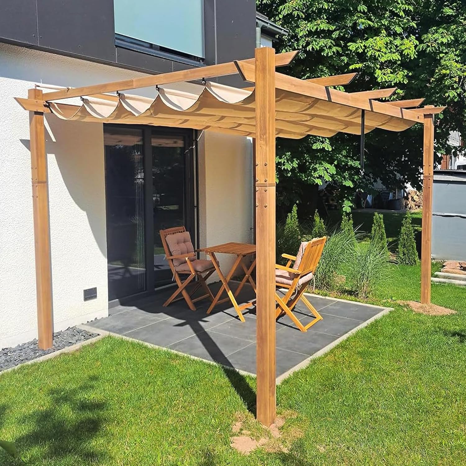 etezen - pergola aluminium 4x3m teck, toile rétractable, kaki