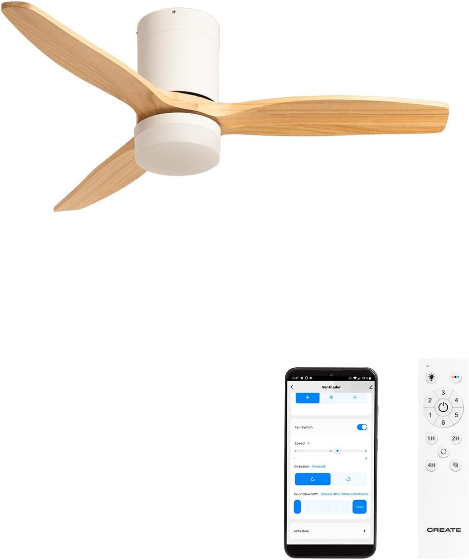 CREATE / WINDCALM S/Ventilateur de plafond ABS avec lumière blanc, pales effet bois clair, Wifi et télécommande / 40W, Silencieux, Ø112 cm, 3 températures de lumière, minuterie, fonction été-hiver