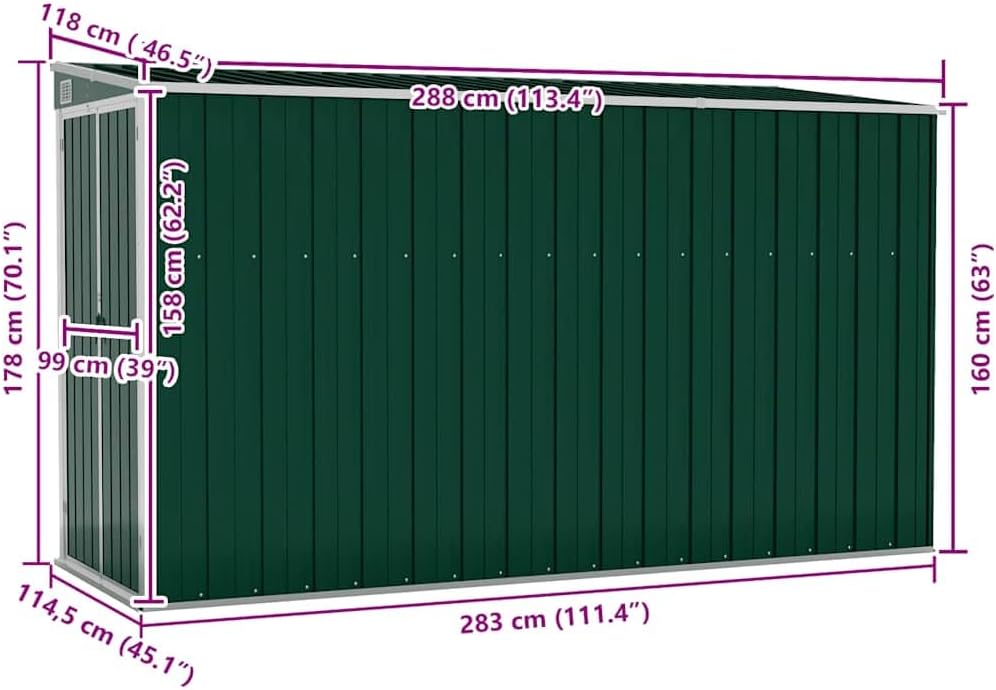 etezen Abri de Jardin Mural Vert 118x288x178 cm Acier galvanisé,Structures extérieures, Cabanes & abris de Jardin,316225