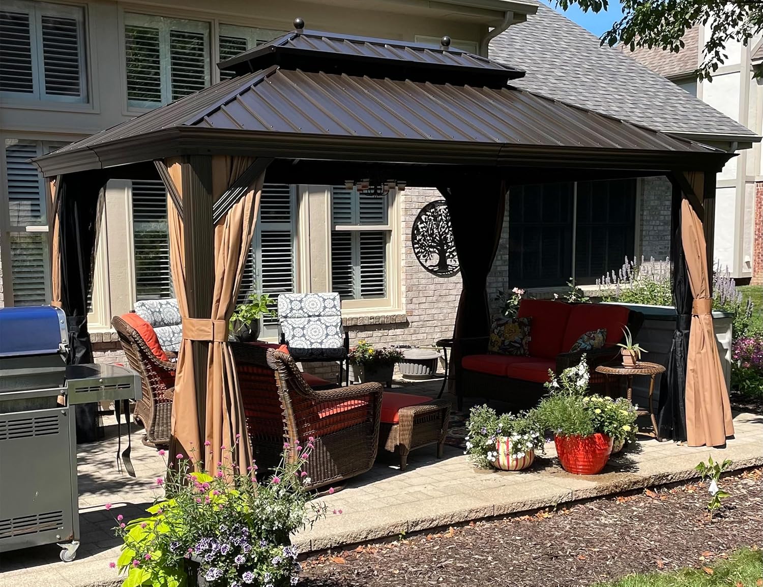 etezen - Tonnelle de Jardin 4,25x3m - Acier galvanisé, moustiquaire, rideaux, gouttière, poteaux renforcés, bronze 