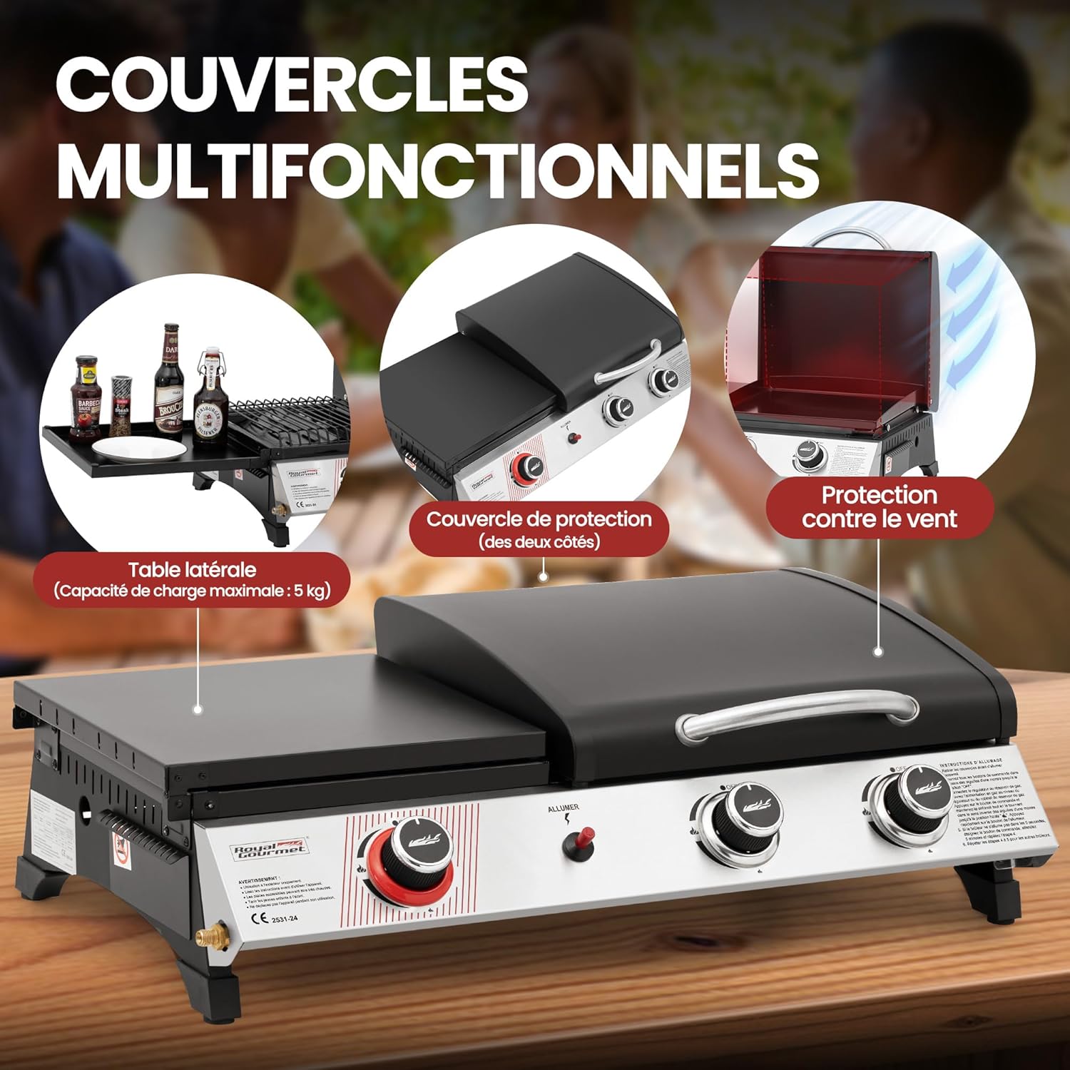 etezen - barbecue gaz 3 brûleurs - 8,5kW - plancha, grille, couvercle multifonction